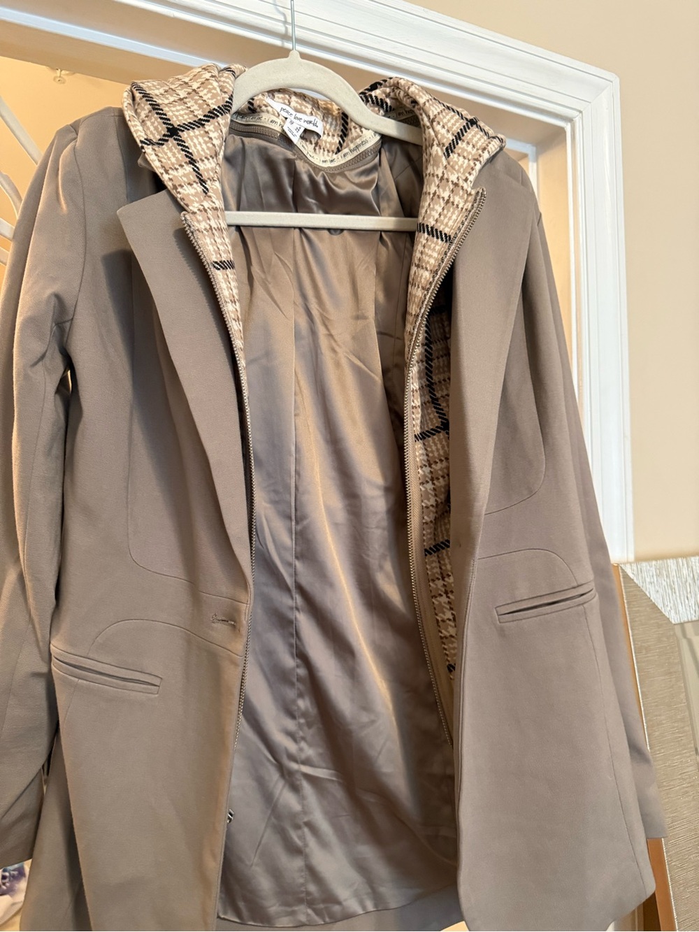 Women’s Taupe Hooded Coat with Removable Plaid Lining